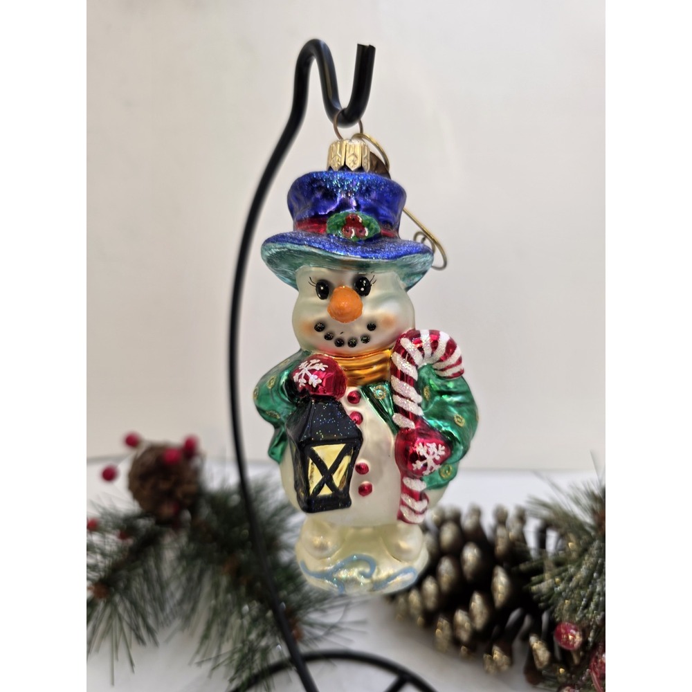 Christopher Radko Snowman Lantern Candy Cane Glass Christmas Ornament 5.5"